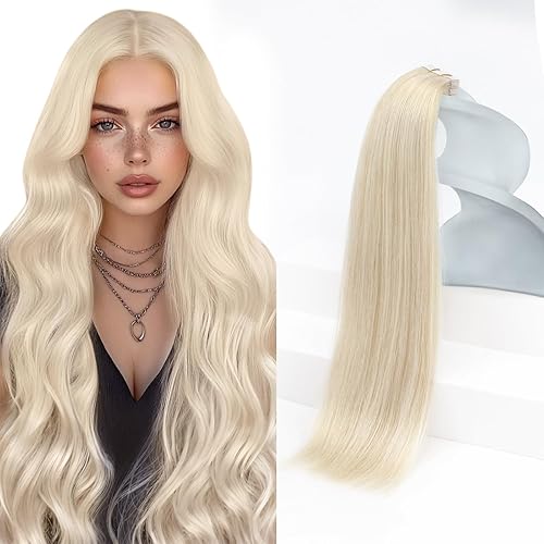Sunny Hair - Extensiones de cabello humano real para mujer, con cinta adhesiva invisible, Remy, color rubio platino blanco, 26 pulgadas, 20 piezas,