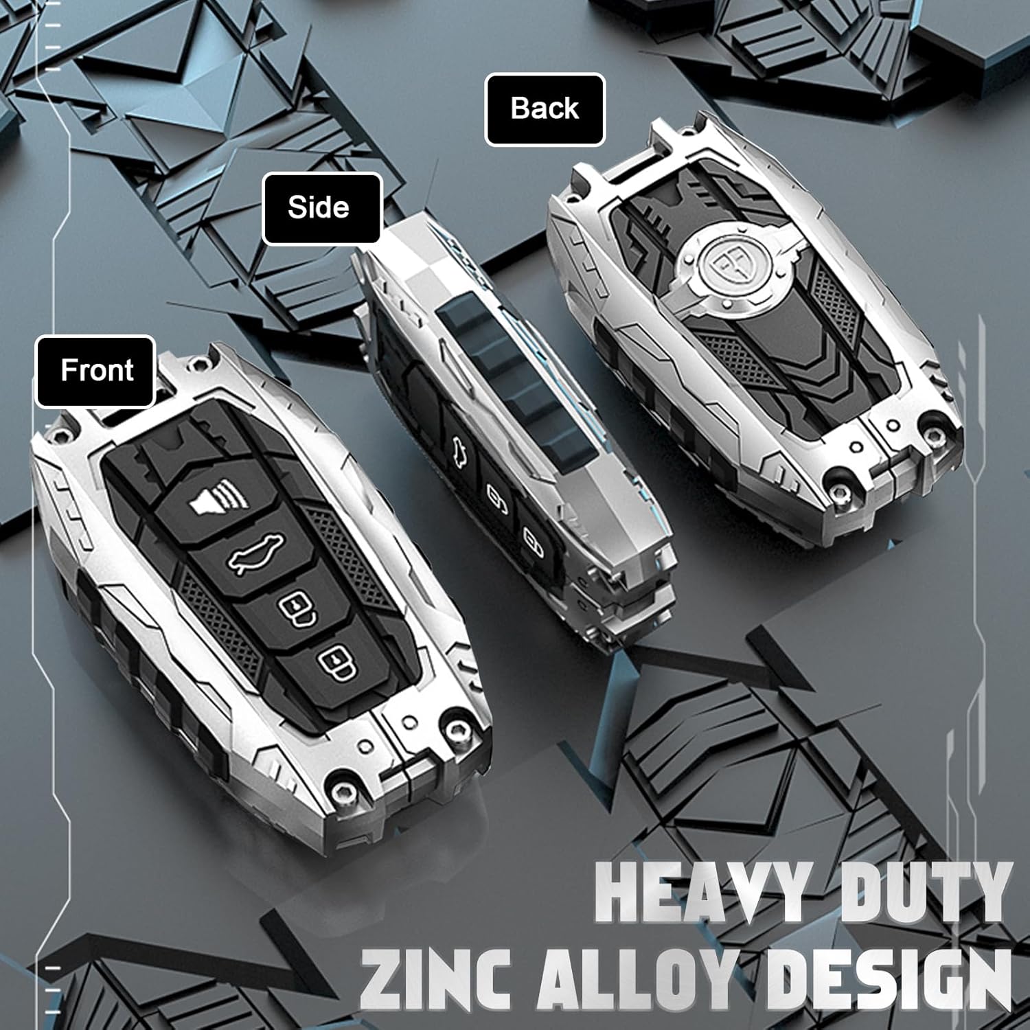x xotic tech Mech Style Heavy Metal Key Fob Cover Compatible with Toyota RAV4 Camry Highlander Corolla Avalon C-HR Prius GT86 Scion, Zinc Alloy Key Case Protector Shell Keychain(Silver, Type 1)