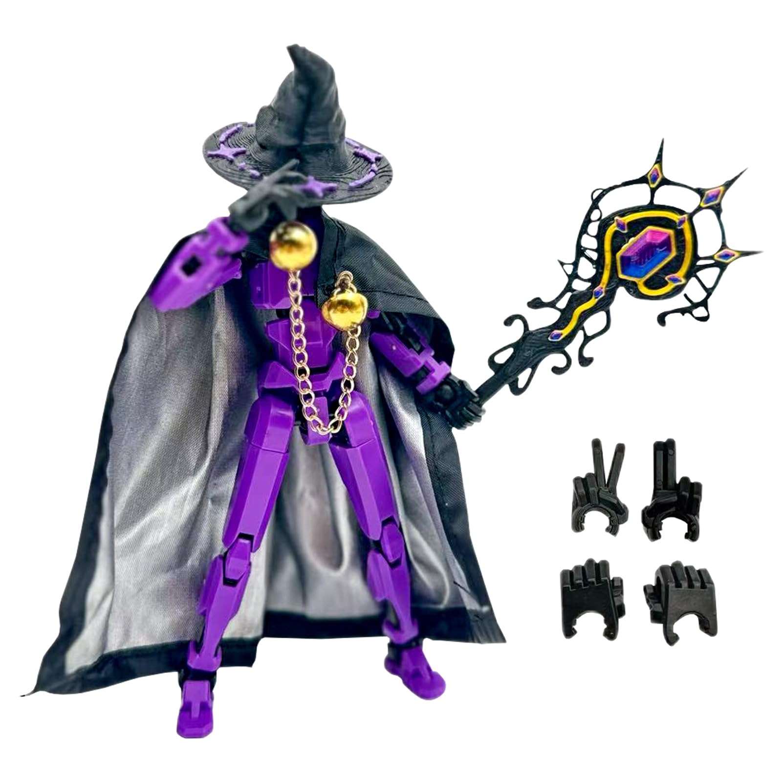 T13 Mage Action Figures Ornaments,3D Printed Action Figure Set,Multi-Jointed Action Figure Toy with Cool Weapons,Cloak and Hat,Gift Stop-Motion Figure DIY Desktop Decoration (Black and Purple)