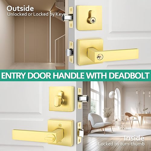 Miniatura 2 de Bonpoly 1 juego de manijas de puerta delantera, juego de cerradura de puerta cuadrada resistente con cerrojo de un solo cilindro, acabado de latón