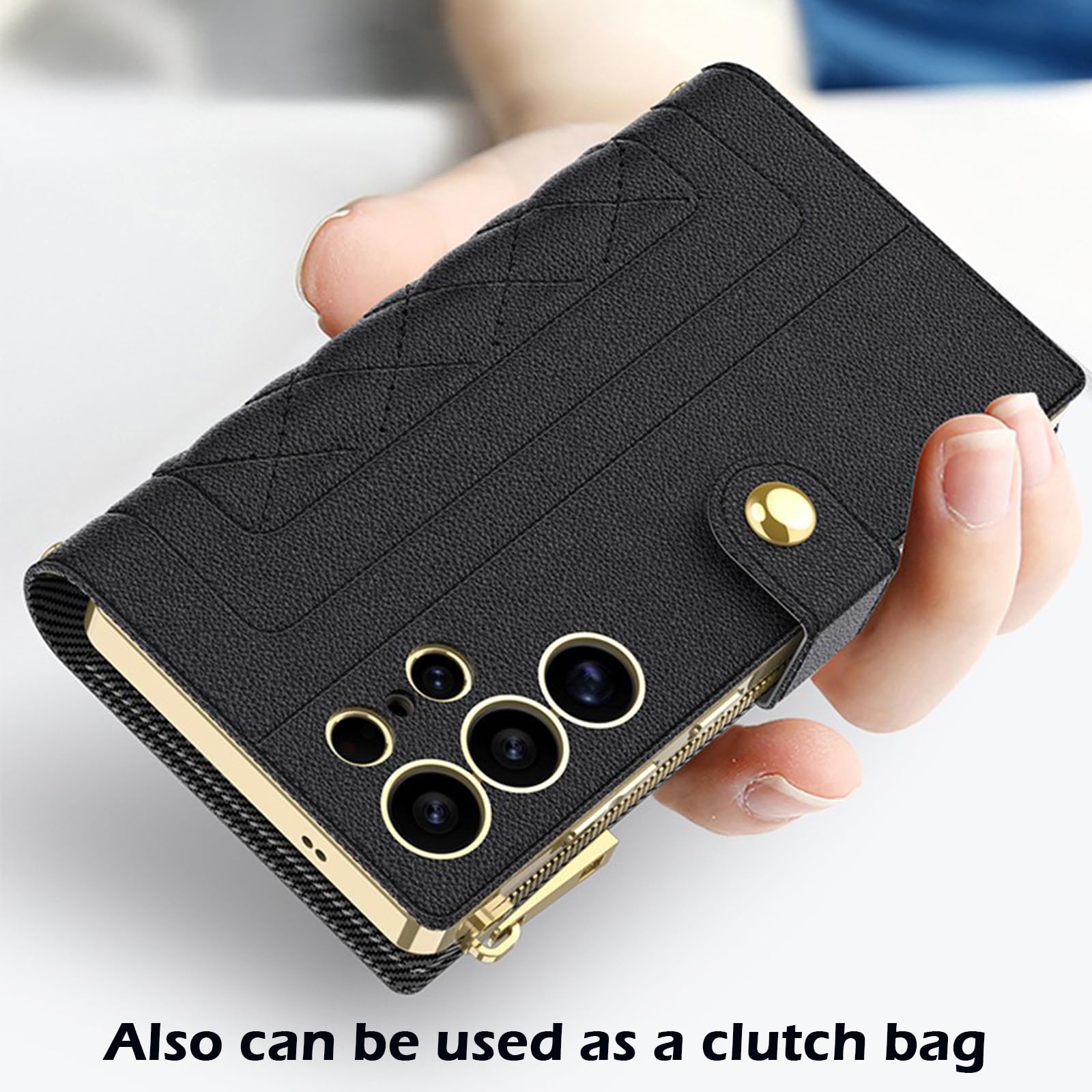 Etui na ramię do Samsung Galaxy S25 Ultra, zapięcie magnetyczne, 3 przegródki na karty, złota ramka, zamek błyskawiczny, torebka z paskiem na ramię, szary