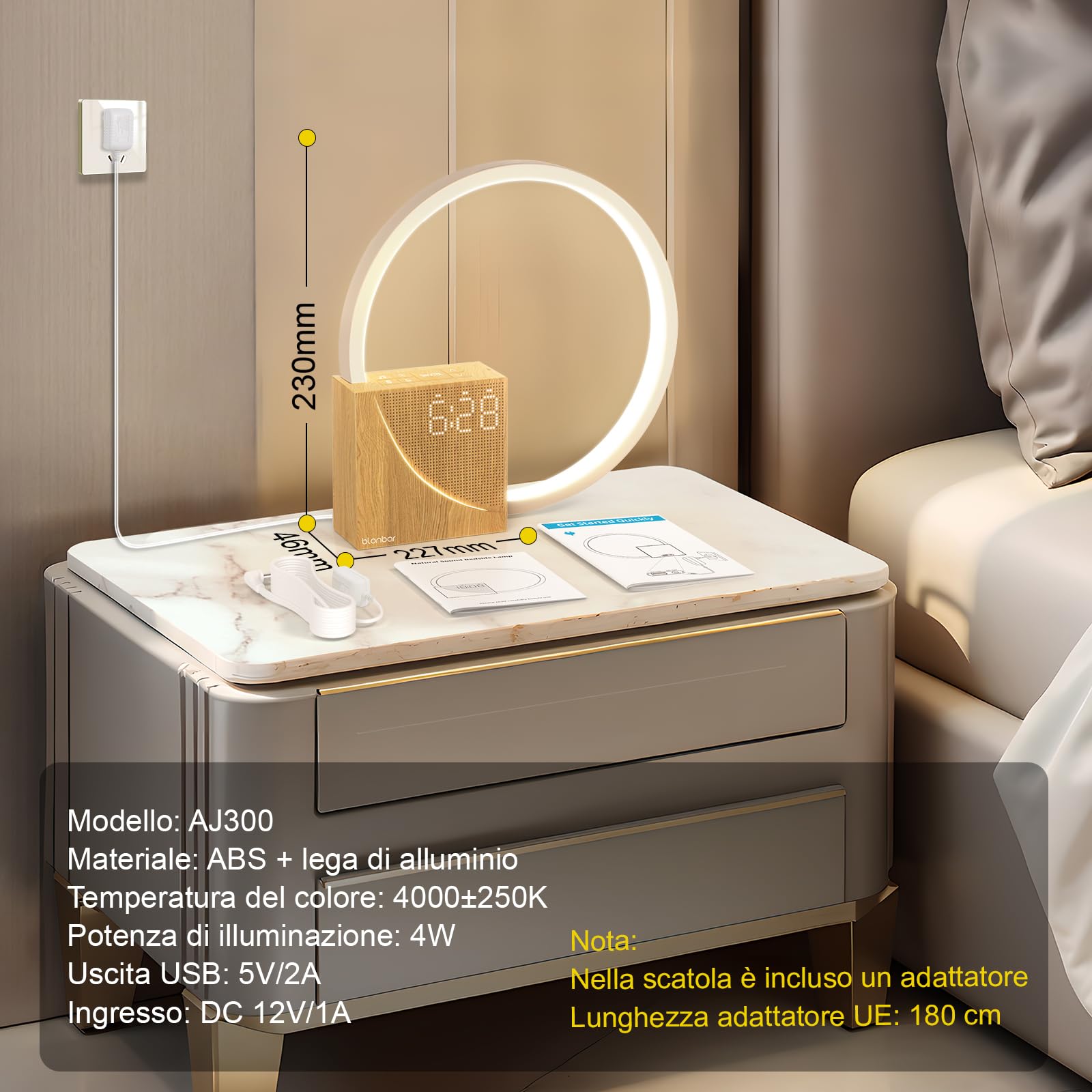 blonbar Lampada da Comodino con Wake up Light, Ricarica USB da 10W,Luce di Risveglio, Sveglia, Luce di Allarme, Touch Control Dimmerabile, 3 Lampade da Comodino per la Camera da Letto