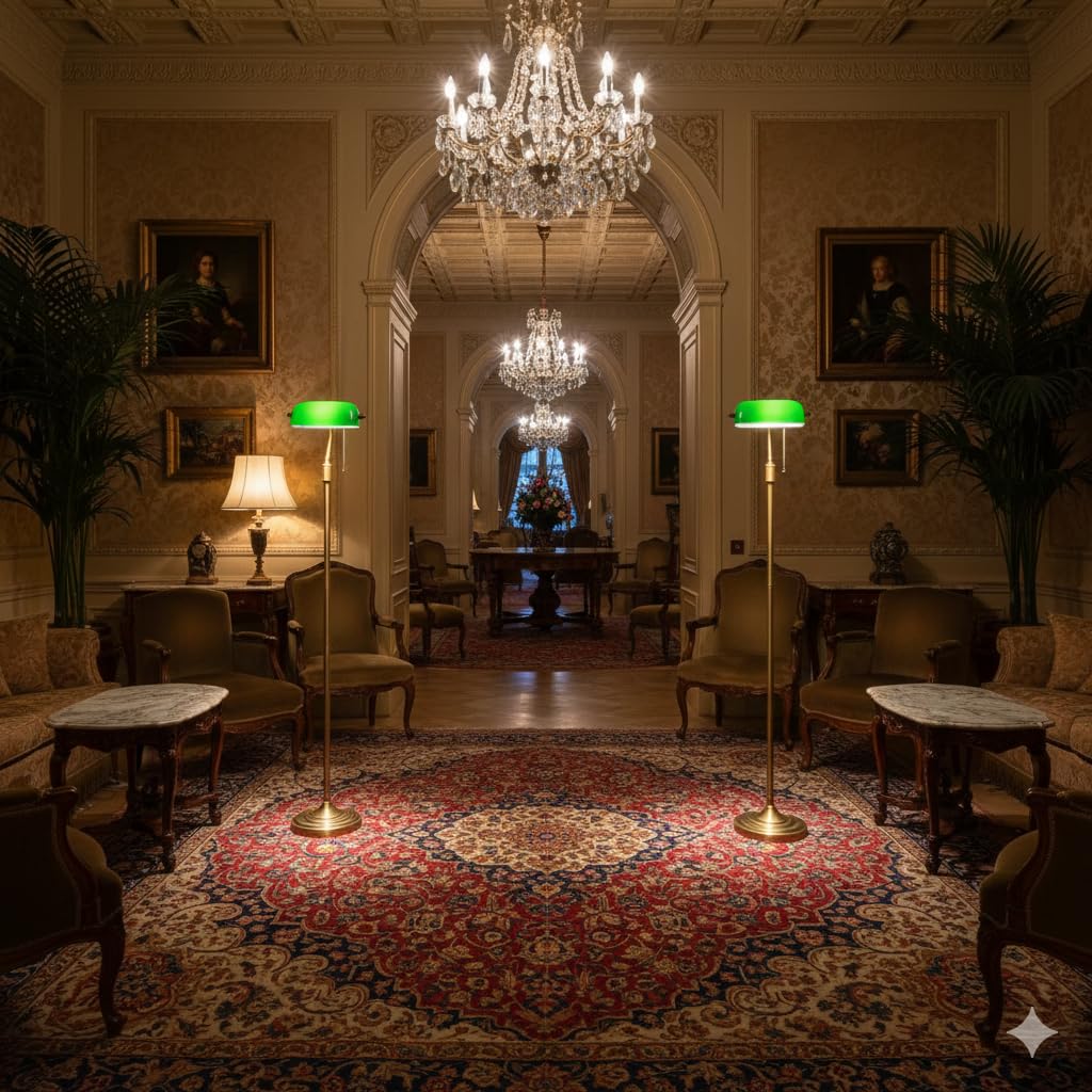 BARCELONA LED Vintage Lampa Podłogowa Bankierska – Klasyczny Zielony Szklany – Lampa Stojąca E27 z Włącznikiem Łańcuszkowym i Regulowanym– Retro Lampa do Salonu, Biura, Biblioteki i Sypialni