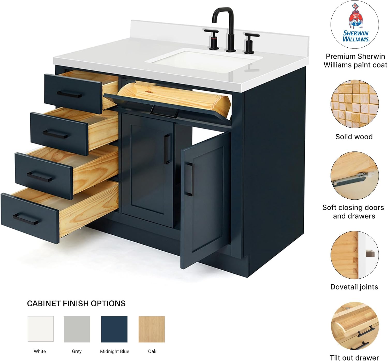 DKB Isabella 42" Midnight Blue Single Bathroom Vanity with Rectangular Undermount Sink, 1.5" Pure White Quartz Countertop, Solid Wood Frame, 2 Soft Closing Doors, 5 Full Extension Dovetail Drawers