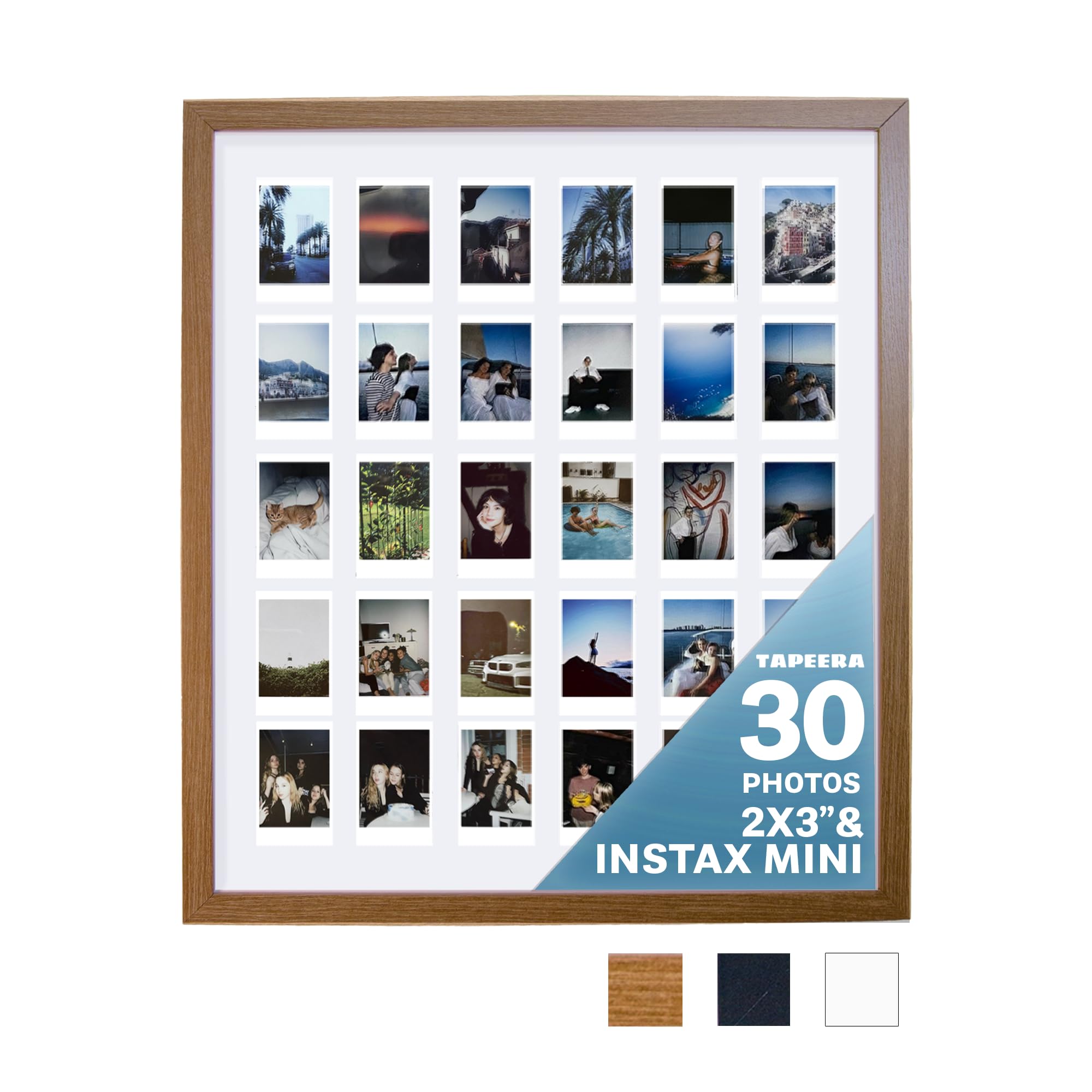 Multi Picture Frame Collage Wall Decor - Compatible with Fujifilm Instax Mini Film - Picture Frame For Wall - Not Compatible with Polaroid 600 size (Wood, 30 Openings)