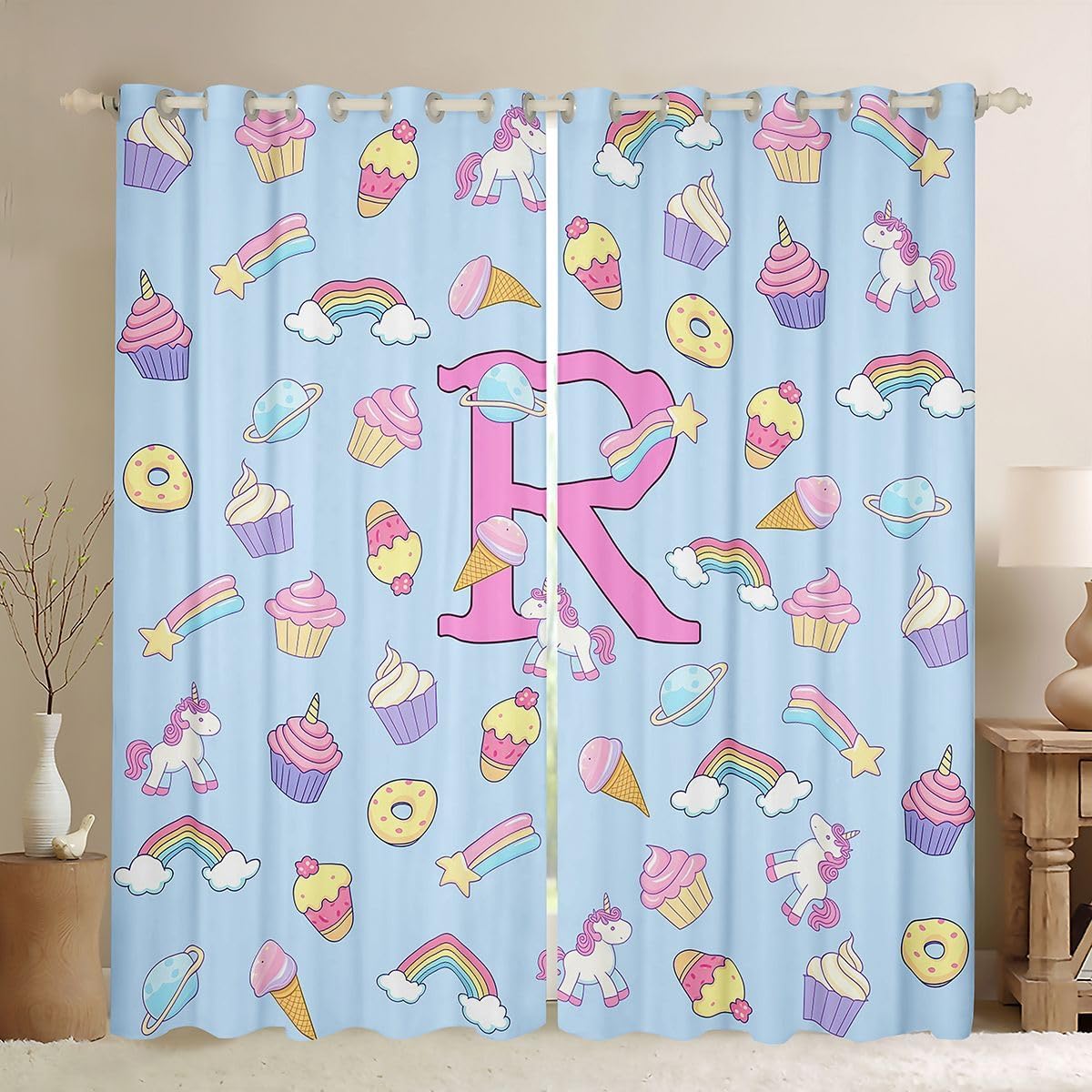 Feelyou Pink Blue Unicorn Blackout Curtains Personalized Initial R Darkening Drapes for Bedroom Living Room Decor Rainbow Ice Cream Thermal Insulated Shades Window Treatments, 2 Panels 52 x 63 Inch