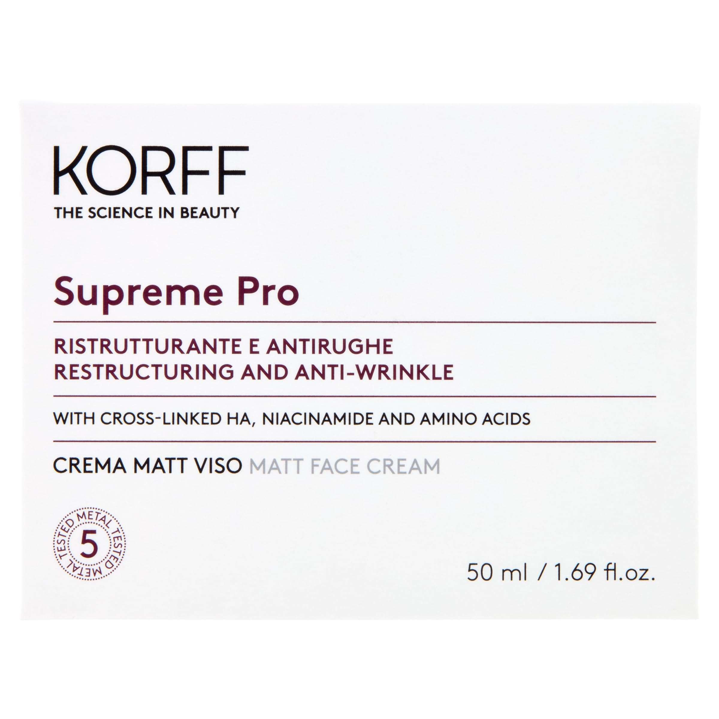 Korff Supreme Pro Crema Viso Matt, Ristrutturante e Antirughe, con Acido Ialuronico, per Tutti i Tipi di Pelle, Confezione da 50 ml