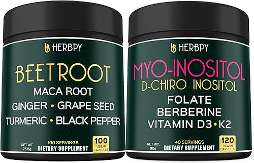 Paquete de suplementos de raíz de remolacha 6 en 1, 100 unidades y suplemento de mio-inositol 6 en 1 y D-Chiro inositol para mujeres, 120 unidades,