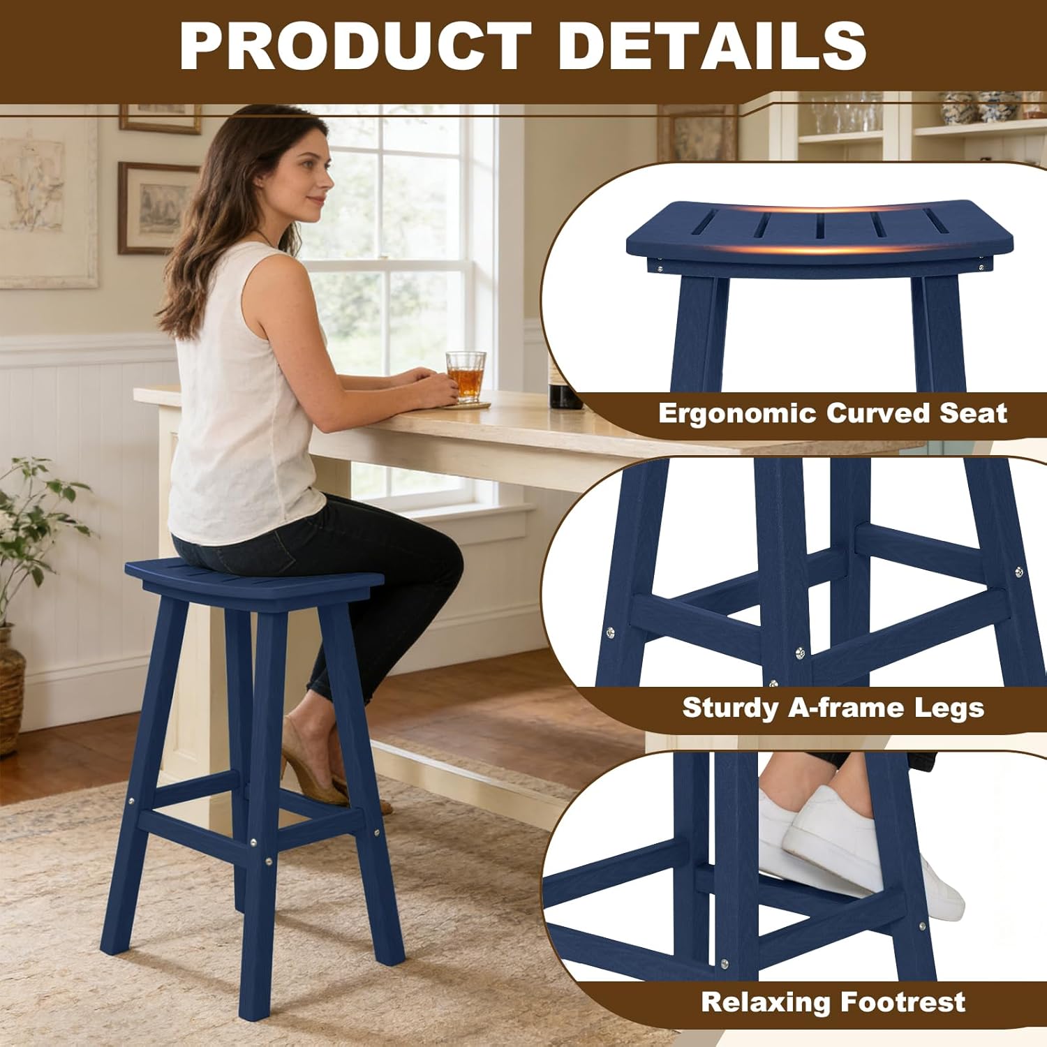 Outdoor Bar Stools Set of 2, 29 Inch All-Weather HDPE Bar Height Chairs, 500lbs Heavy Duty Patio Stools with Saddle Seat for Pub Table, Deck, Backyard (Navy Blue, 2 Pcs 29")