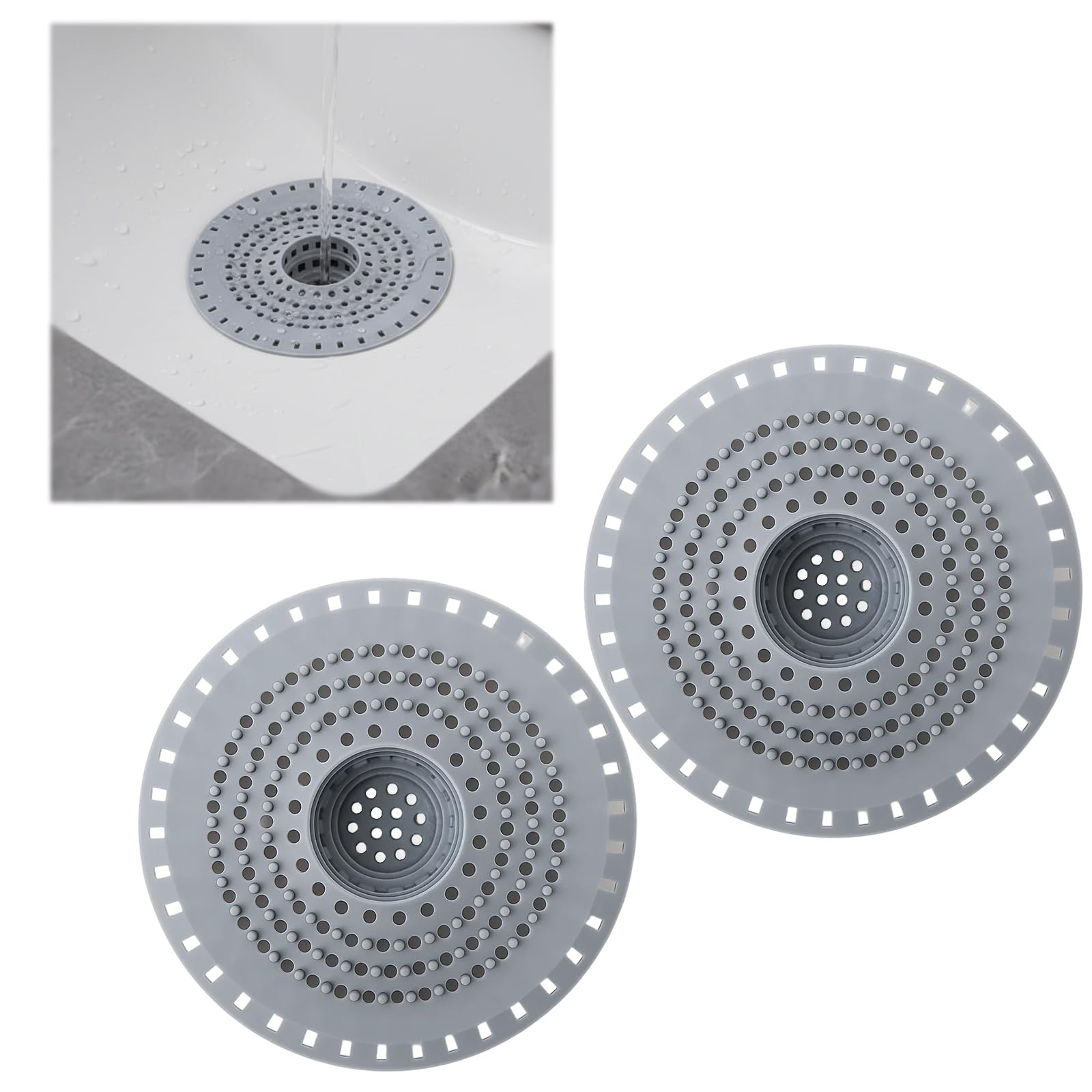 2 Pack Silicone Shower Drain Hair Catcher, Hair Stopper Drain Cover, Sink Strainer Filter, Anti-Clog Hair Catcher for Bathroom Bathtub Kitchen, Grey, Easy to Install & Clean