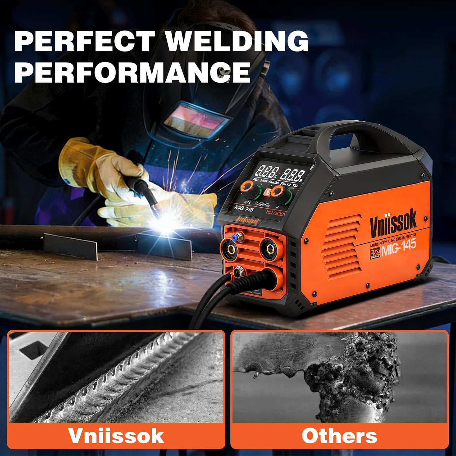 145A MIG Welder,110V/220V multiprocess welder,Gas Gasless MIG Welding Machine,5 in 1 MIG/MMA/Lift TIG/Flux cored 0.8/Flux cored 1.0,Large LED Display Welding Machine (145A (5 in1))