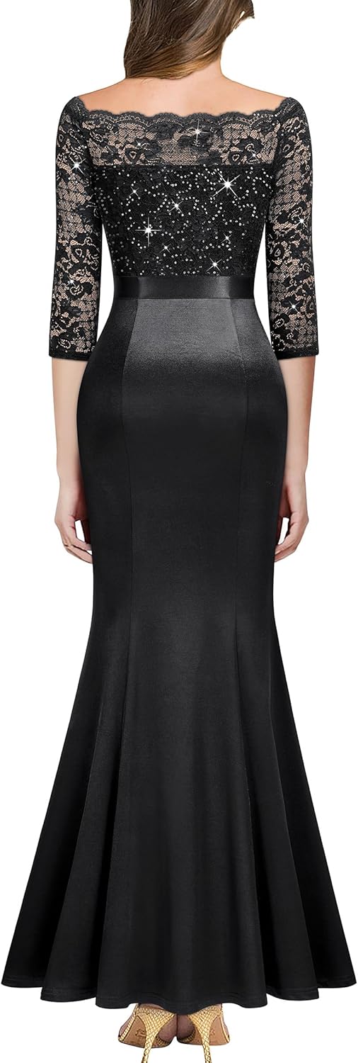 MISSMAY Women's Sexy Off Shoulder Floral Lace Formal Wedding Party Maxi Dress - Image 2