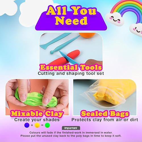 Miniatura 5 de Frontlix Arcilla de modelado Air Dry para niños, 24 colores surtidos de 0.71 oz cada color, kit de arcilla de moldeo con 3 herramientas de