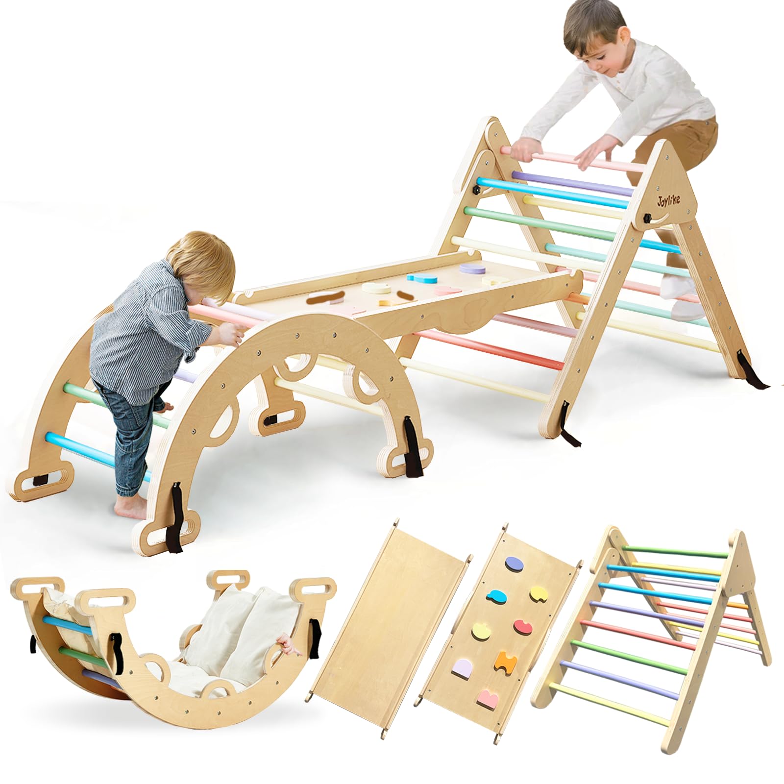 JoyLike Foldable Pikler Triangle Set with Cushion, 8-in-1 Montessori Kids Jungle Gym Indoor Climbing Toys, Large Wooden Climbing Toys for Toddlers 1-3