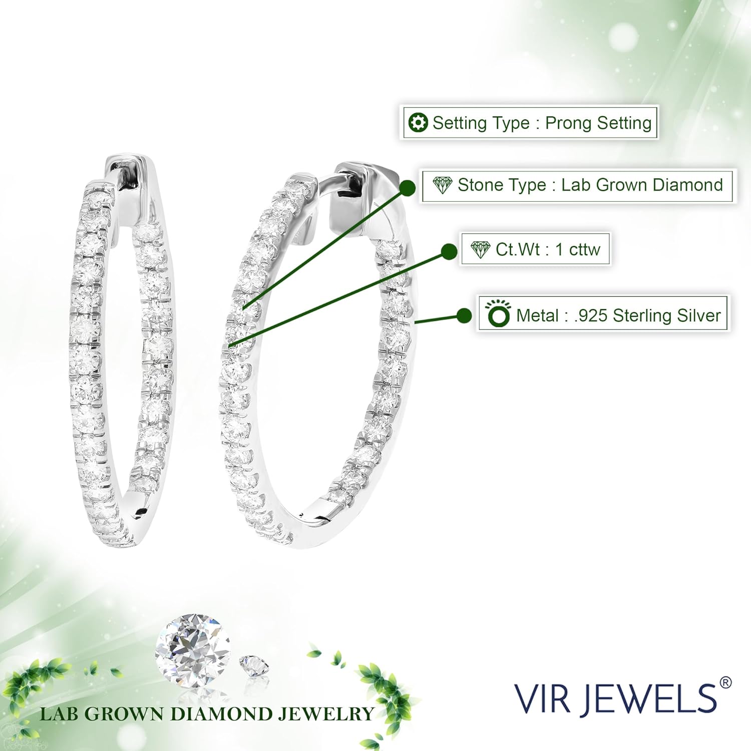Vir Jewels 1 cttw Lab Grown Diamond Hoops Earrings in Sterling Silver With Latch Backs