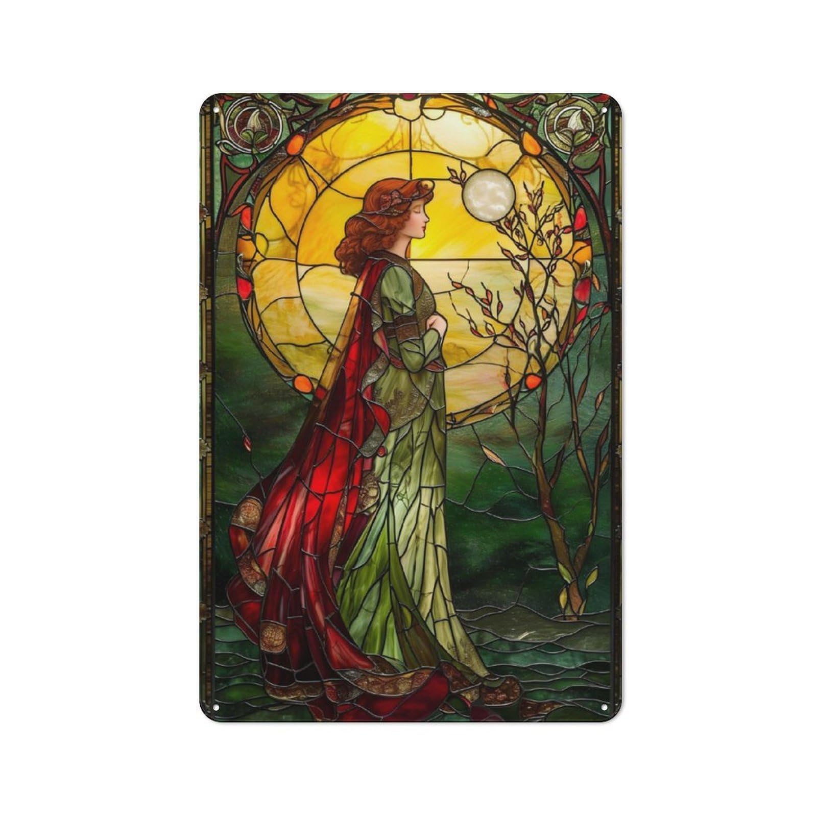 Junmoney Pious Woman Stained Glass For Lounge Or Reading Corner, Rustic Tin Sign 30X20cm, For An Autumn Update To Lounge And Reading Corner