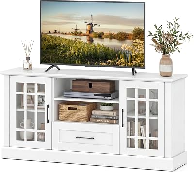 LOKO 62 Inch TV Cabinet, Media Console Table w/ 2 Glass Door Cabinets & Drawer, Fit TVs up to 70, Cable Management Holes, Farmhouse Style TV Stand for Living Room, Bedroom White