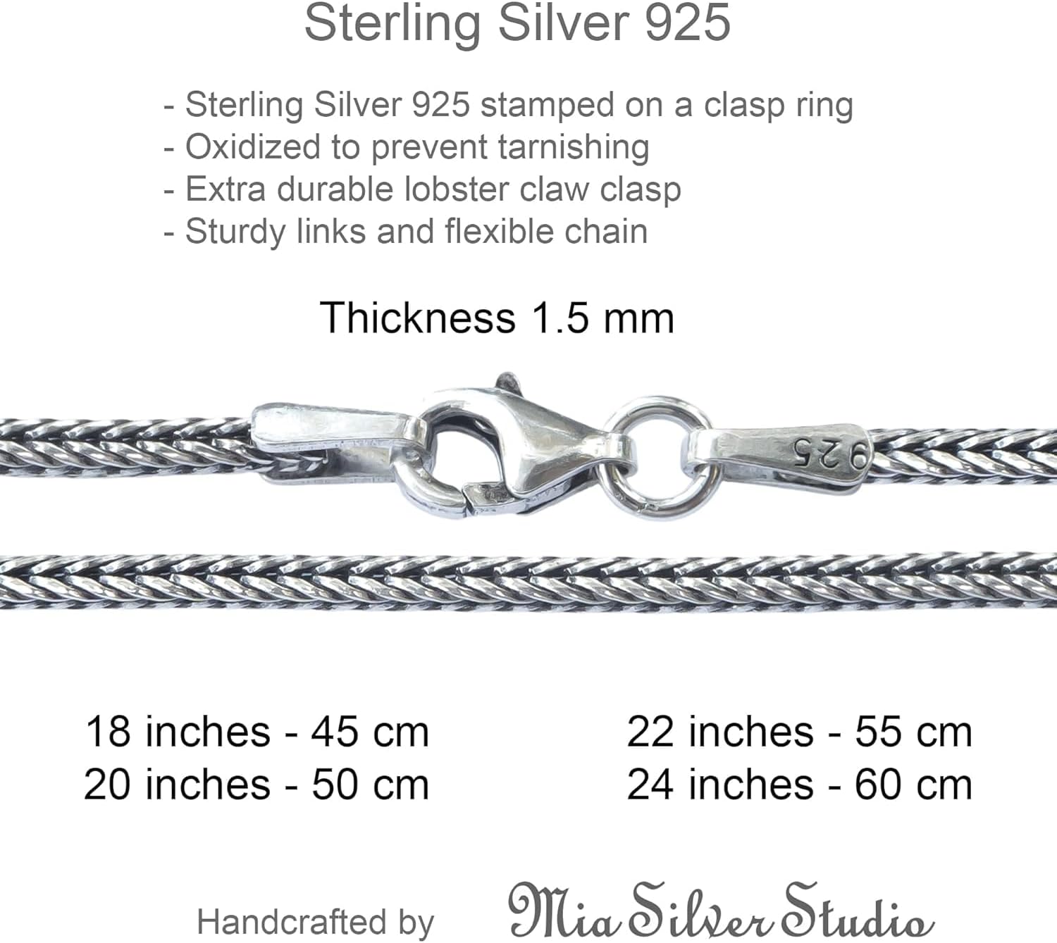 Solid 925 Sterling Silver Foxtail Chain Necklace, Width 1.5mm - Oxidized Non-Tarnish Unisex Snake Design Wheat Chain Necklace for Men Women 17.7" 19.7" 21.6" 23.6" Inch - Handmade