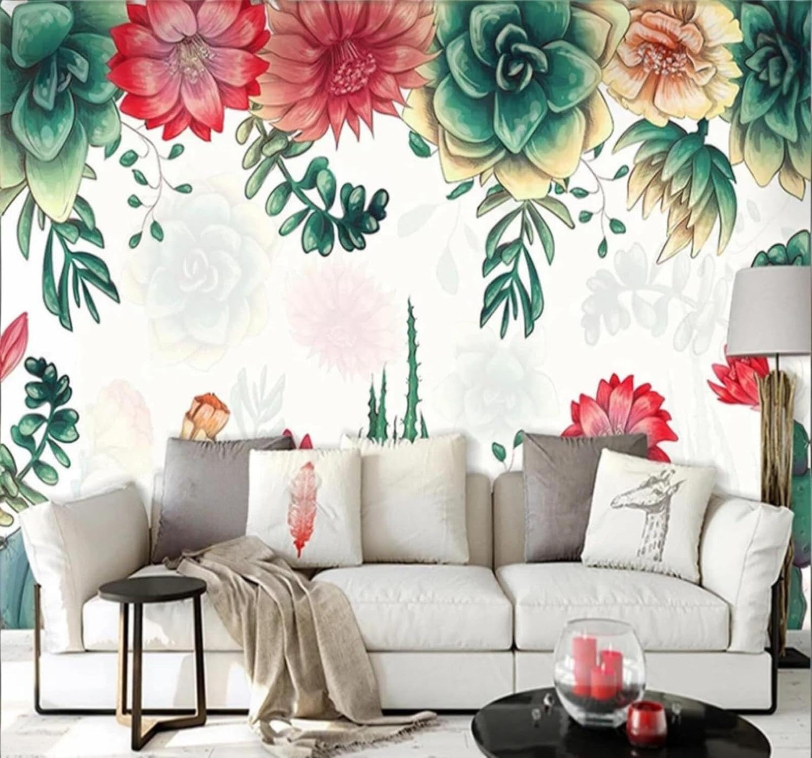 Wallpaper-3D-Xlm 430Cm×300Cm(B×H) Fresh Green Cactus Beautiful Flowers 3D Wallpaper Easy Install Feature Office Living Room Sofa Bedroom Tv Background Wall Decoration-430Cm×300Cm