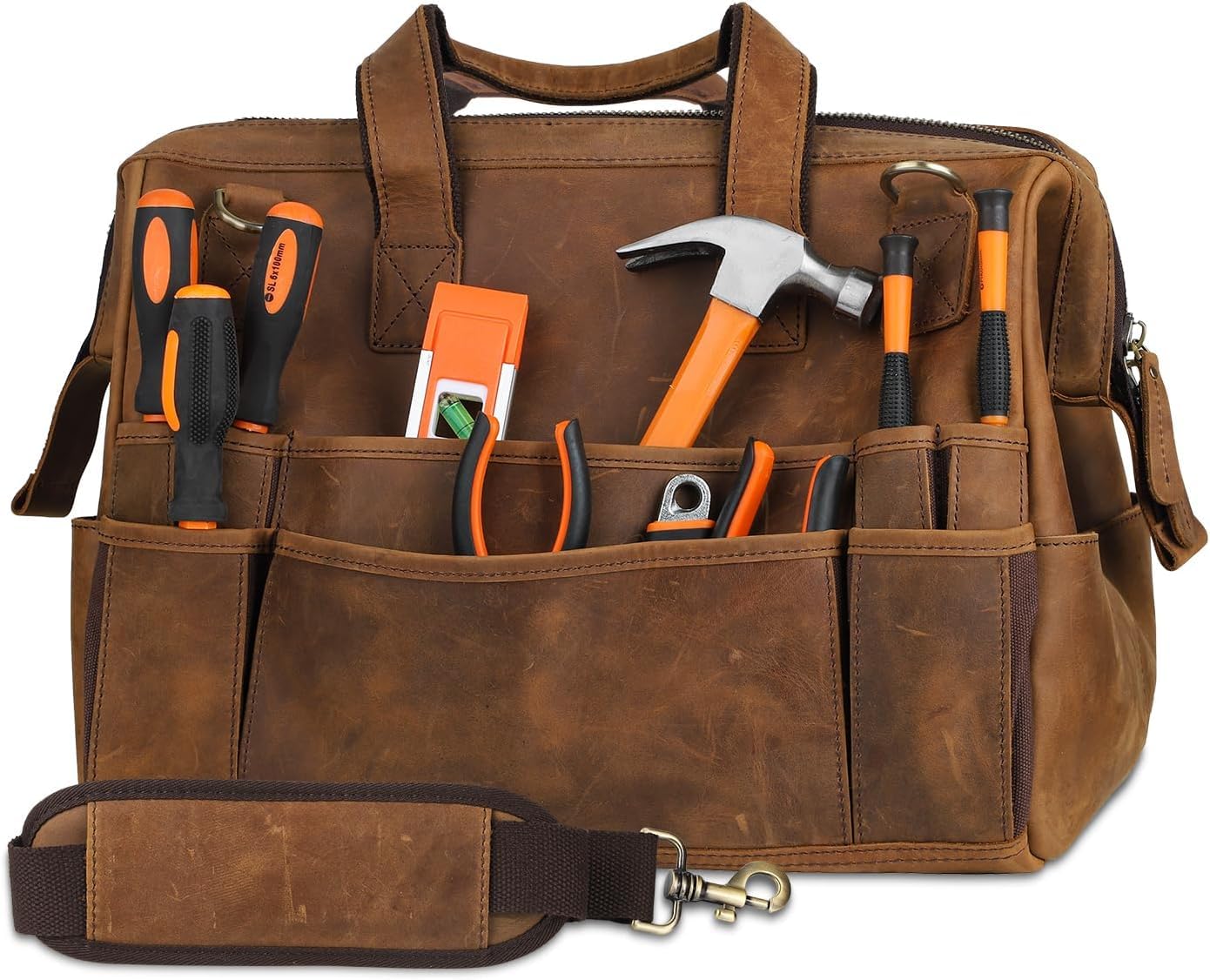 Leather Tool Bag Wide Mouth Tool Storage Bag for Hand Tools 16 inch Tool Tote Bag Gardening Outdoorsmen