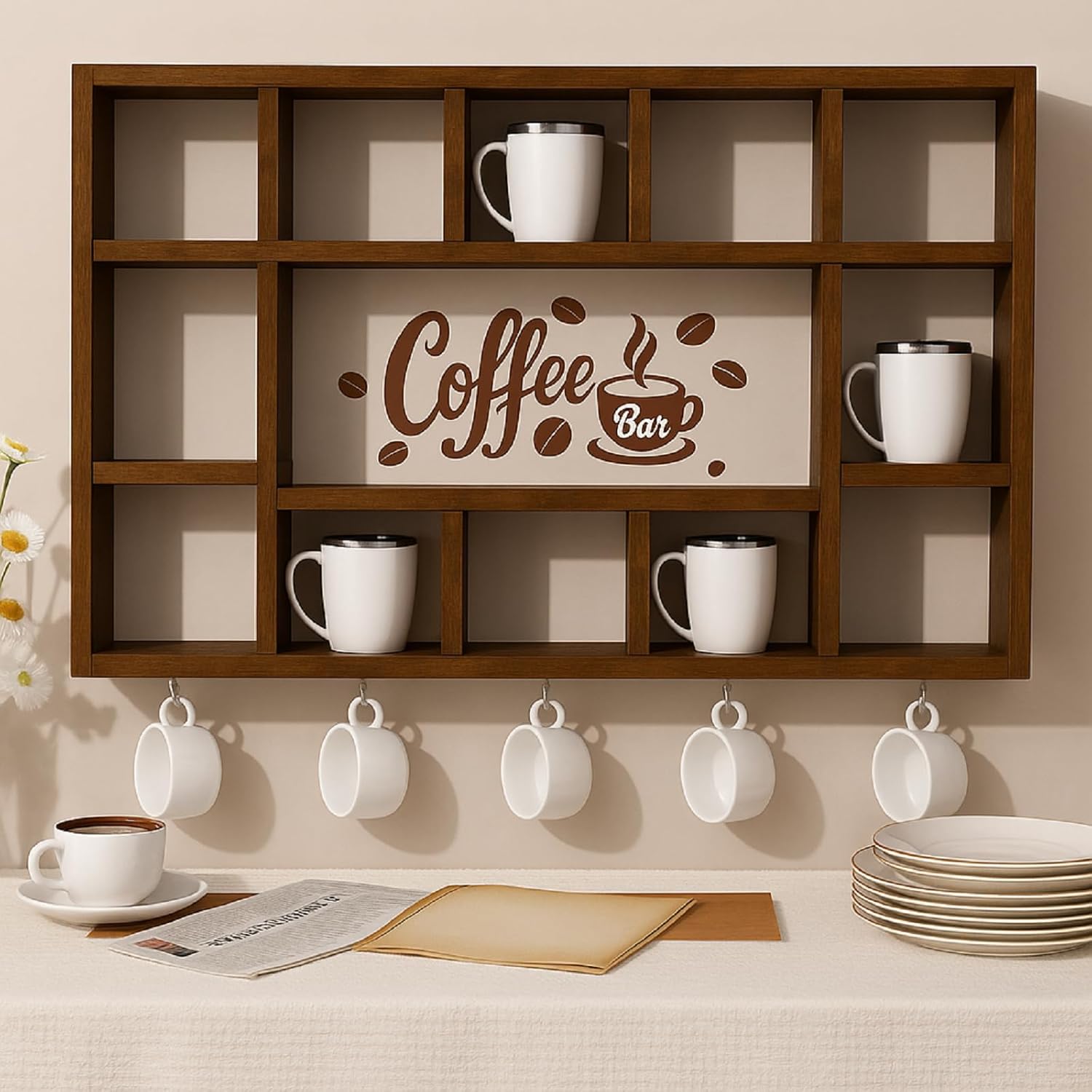 Oversize Coffee Mug Display Shelf for Wall Wood Coffee Mug Rack Wall Mounted Shelf Cubes Cup Hooks Hanger with Bar Sign Decor for Kitchen Station Bar Accessories(Rustic Brown) Oversize Coffee Mug Display Shelf for Wall Wood Coffee Mug Rack Wall Mounted Shelf Cubes Cup Hooks Hanger with Bar Sign Decor for Kitchen Station Bar Accessories(Rustic Brown)
