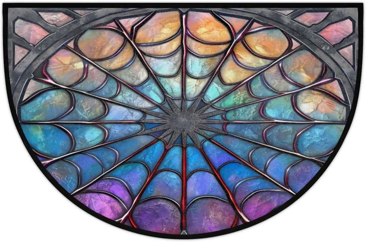 Stained Glass Half Round Door Mat Washable Rugs Non-Slip Entrance Rug Welcome Mat Semi Circle Front Door Mat Indoor Entrance Home Decor