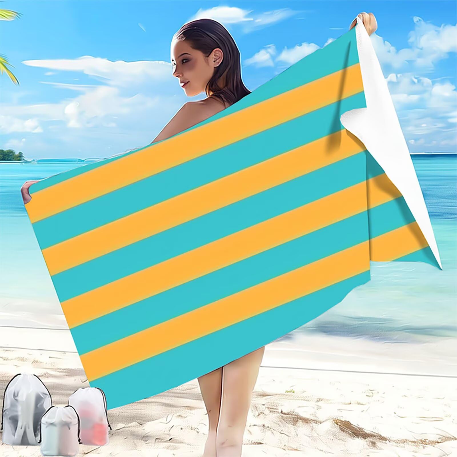 Microfiber Beach Towel 90x200 cm Blue Oversized Quick Dry Sand Free Soft Compact Lightweight Qualities, Summer Beach Towels for Adults Ldeal for Swicming Yoga Camping Gym Shawl Shawl Line E-6