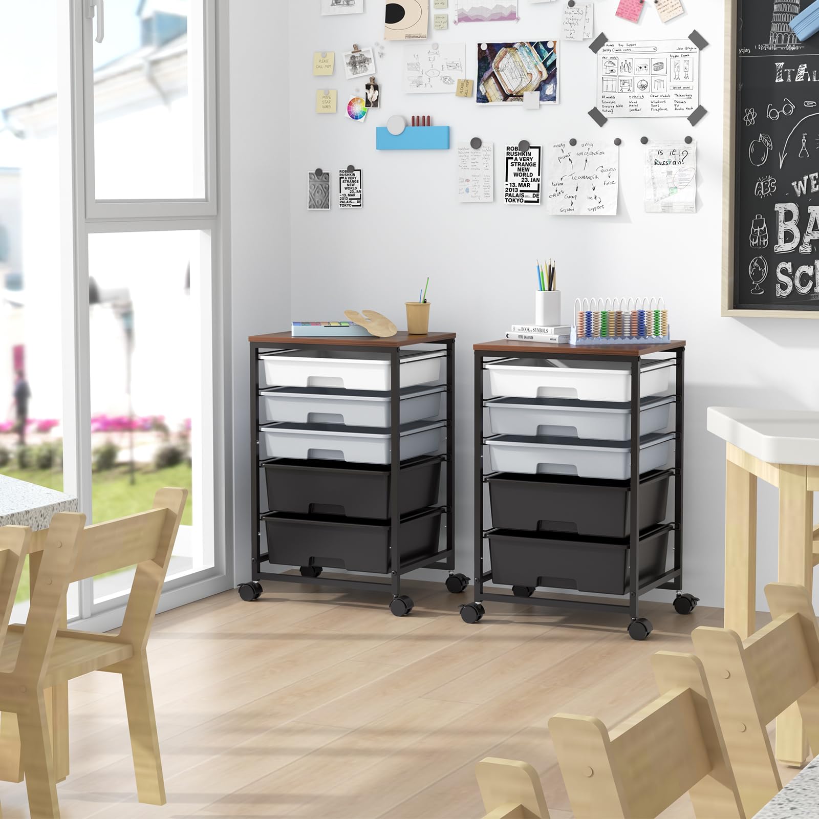SYKIARIOL Carro de rodillos con 5 cajones para baño, carro de cocina con ruedas con tablero de madera, carro con ruedas para cocina, sala de estar, dormitorio, oficina, color gris