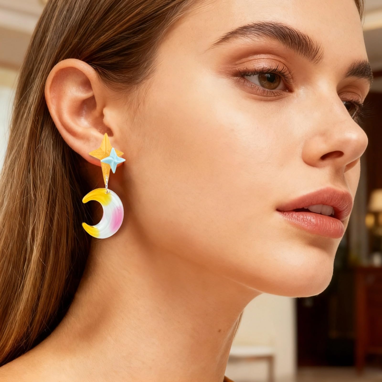 2er-Set bunte Stern- und Mond-Ohrstecker, Ohrringe für Damen, niedliche Dangle-Drop-Ohrringe aus Harz, S925-Silbernadel, 0,8 x 2 in / 2 x 5 cm, verspielter Look