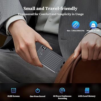 AI Voice Recorder: 64GB with Free Transcription & AI Summary, APP & Web Control, 121 Languages, Wireless Charging for Meetings