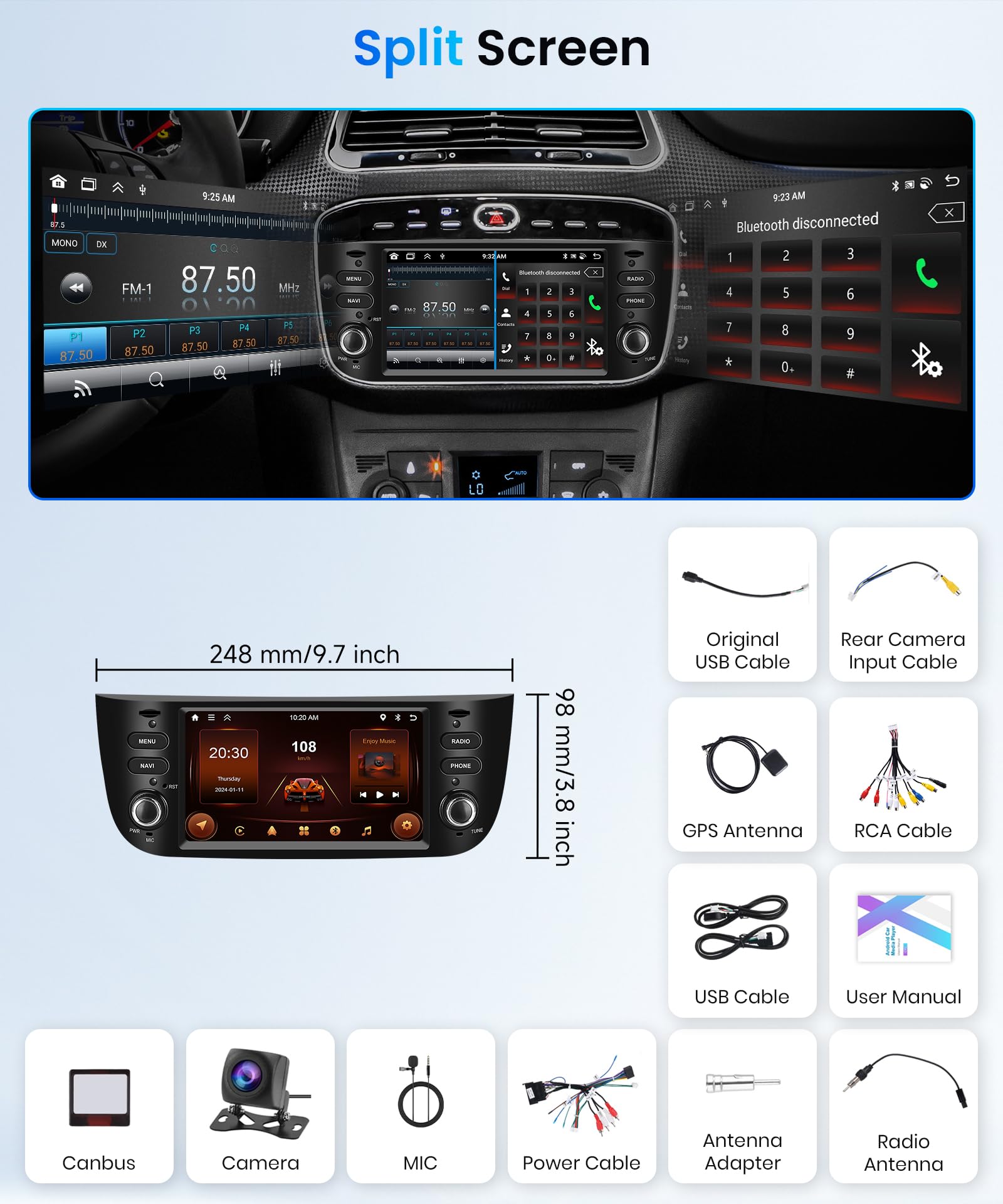 2G+64G Autoradio Android per FIAT Punto 2010-2016, 6.2 Pollici Schermo Tactile Stereo FIAT Punto Evo con Carplay Senza Fili Android Auto Navi GPS WiFi Mirror Link Bluetooth FM/RDS/EQ SWC Retrocamera