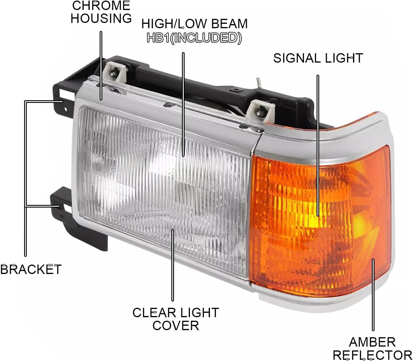 Headlights Assembly with Bulbs for 1987 1988 1989 1990 1991 Ford Bronco F150 F250 F350 F450 Headlamps Head Lights Replacement Driver and Passenger Side,Chrome Housing Amber Reflector with Chrome Trim