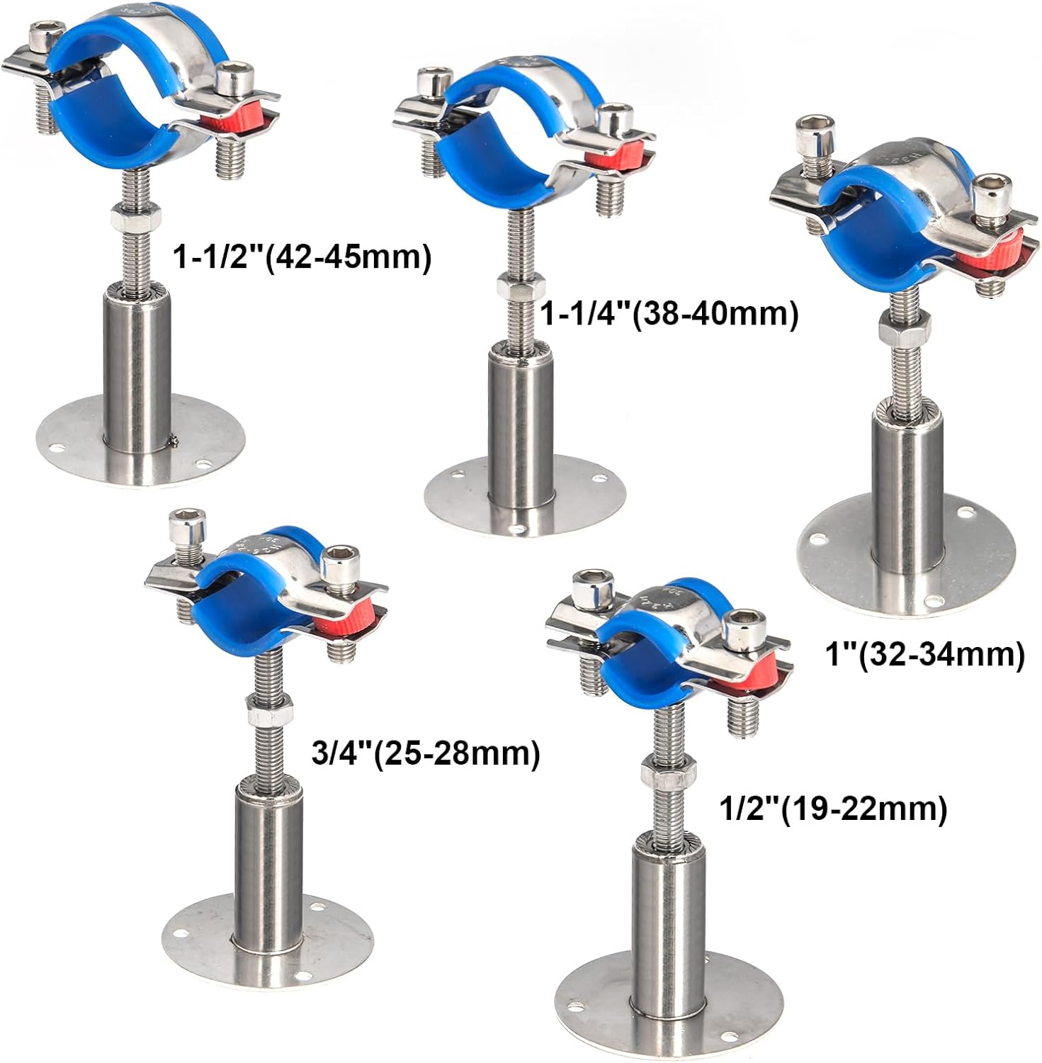 Kodilin 8PCS 304 Stainless Steel Wall Mount Ceiling Mount Pipe Supports,Suitable for OD Pipe 3/4"(25-28mm),Adjustable Height 50-100mm,Adjustable Pipe Strap Clamp with Screws