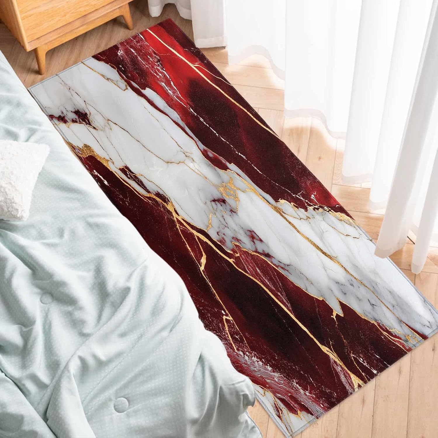 2 Pieces Kitchen Rugs and Mats,Modern White Red Gradient Gold Line Area Runner Rug Set Non Slip Floor Doormat Washable Carpet Standing Mat for Kitchen Sink Indoor Corridor,Abstract Marble Texture