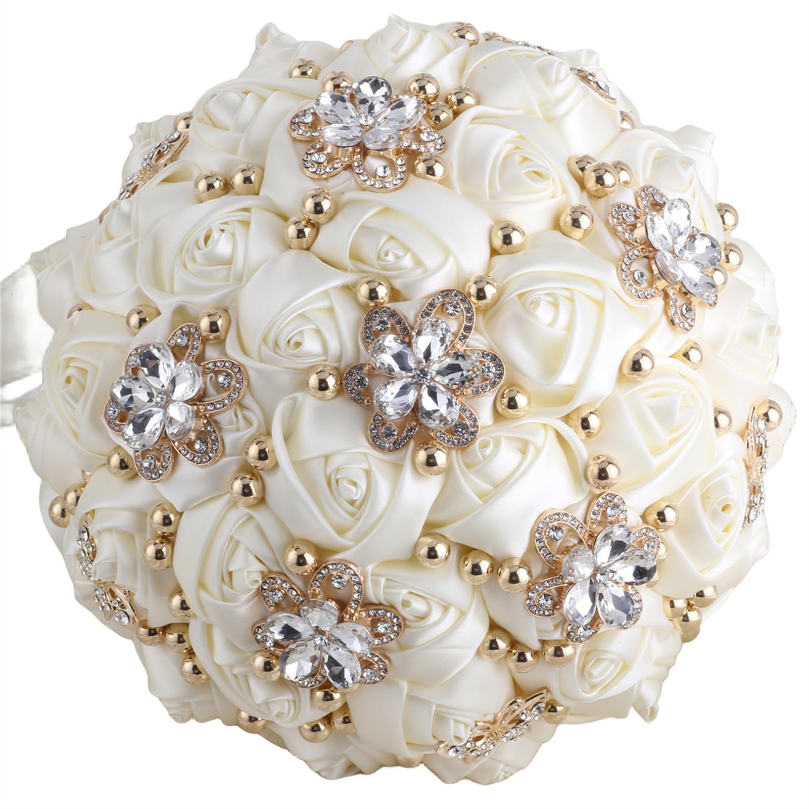 Ramo de rosas artificiales para novia, dama de honor, boda, quinceañera, ramo de rosas artificiales con broche brillante (66#marfil, grande (24 cm de diámetro)