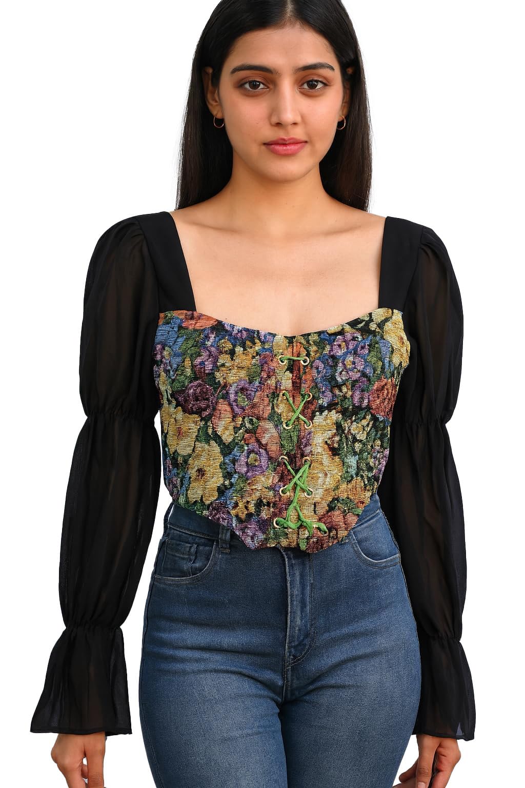 Women French Style Retro Vintage Lace-Up Floral Jacquard Square Neck Smock Puff Sleeve Ruffled Crop Blouse Corset Top Dn2376-image-19