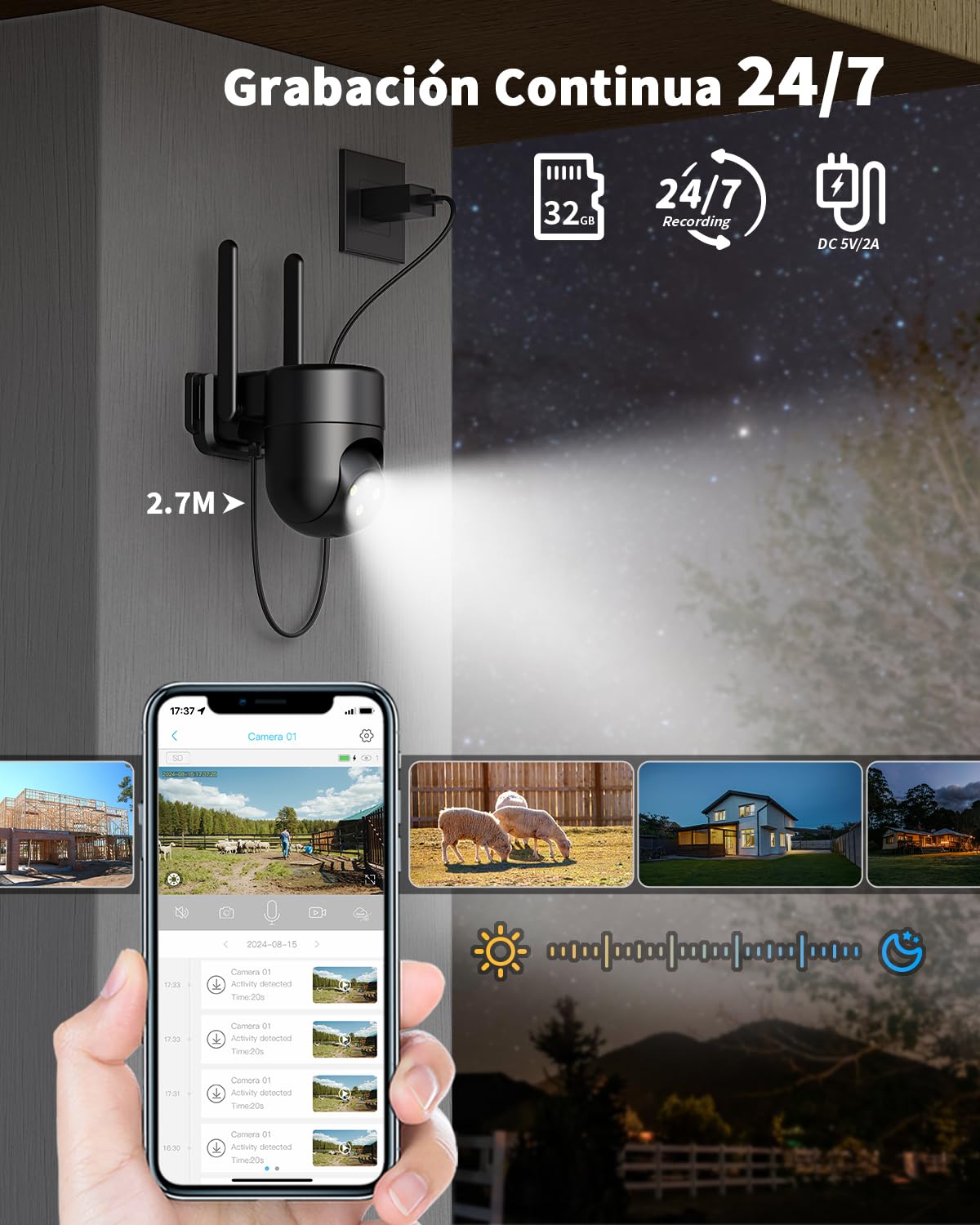 4G LTE Cámara Vigilancia Exterior con Tarjeta SIM, 24/7 Cámara con SIM y Visión Nocturna en Color 2K, Detección Humana con IA, PTZ 360°, Audio Bidireccional