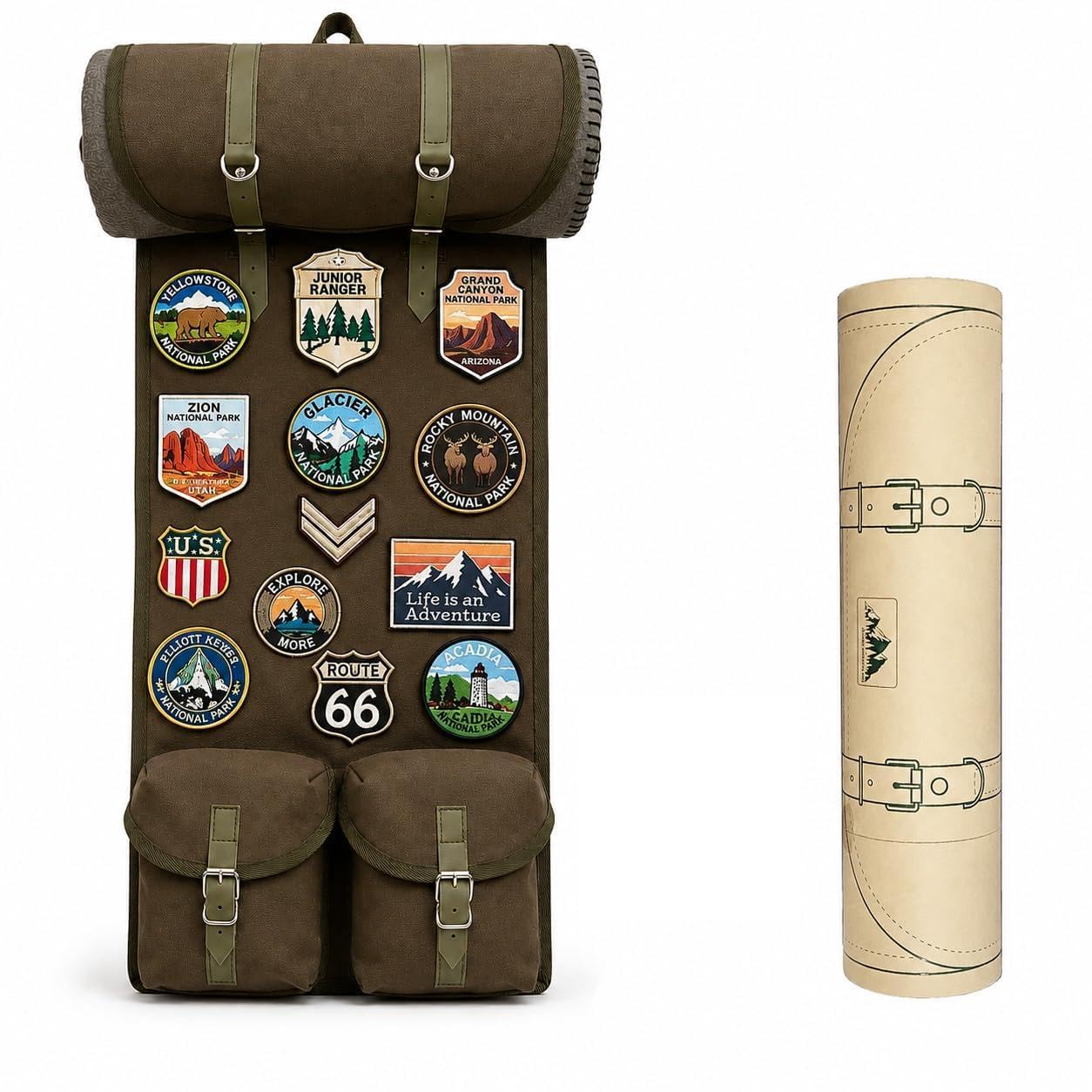Vintage Adventure Patch Display Banner with Storage Tube & Bonus Iron-On Patch – Canvas Rucksack Style Wall Organizer for Travel Patches, National Park Badges, Enamel Pins & Outdoor Collectibles – Designed