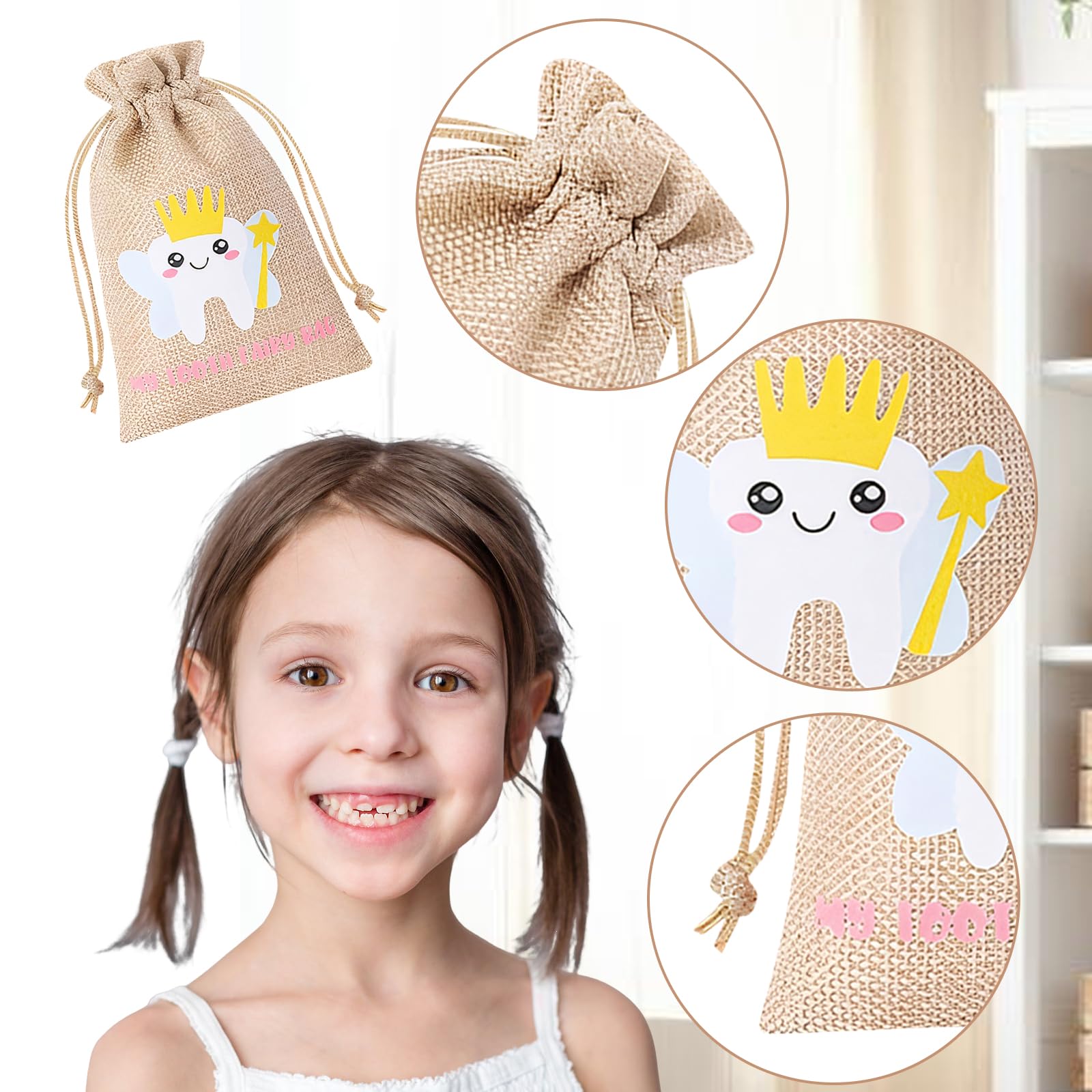 SIWOKJJO Tooth Fairy Box, Tooth Fairy Bag for Girls, Girl Keepsake Organizer, Lost Teeth Holder Box, Tooth Storage Box, Cute Wooden Tooth Fairy Keepsake - Image 3