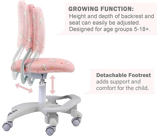 Miniatura 6 de Silla ergonómica de escritorio para niños, silla de computadora de oficina para estudiante, altura ajustable y profundidad del asiento, reposapiés