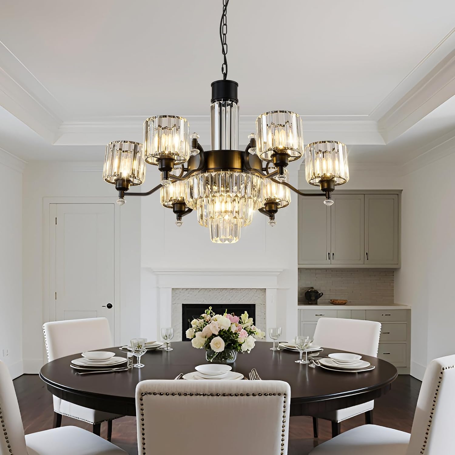 CVKASH 7-Light Farmhouse Large Crystal Chandelier Modern Black Adjustable Hanging Pendant Light Vintage Ceiling Light Fixture for Living Room Dining Room Bedroom Foyer Entryway Staircase