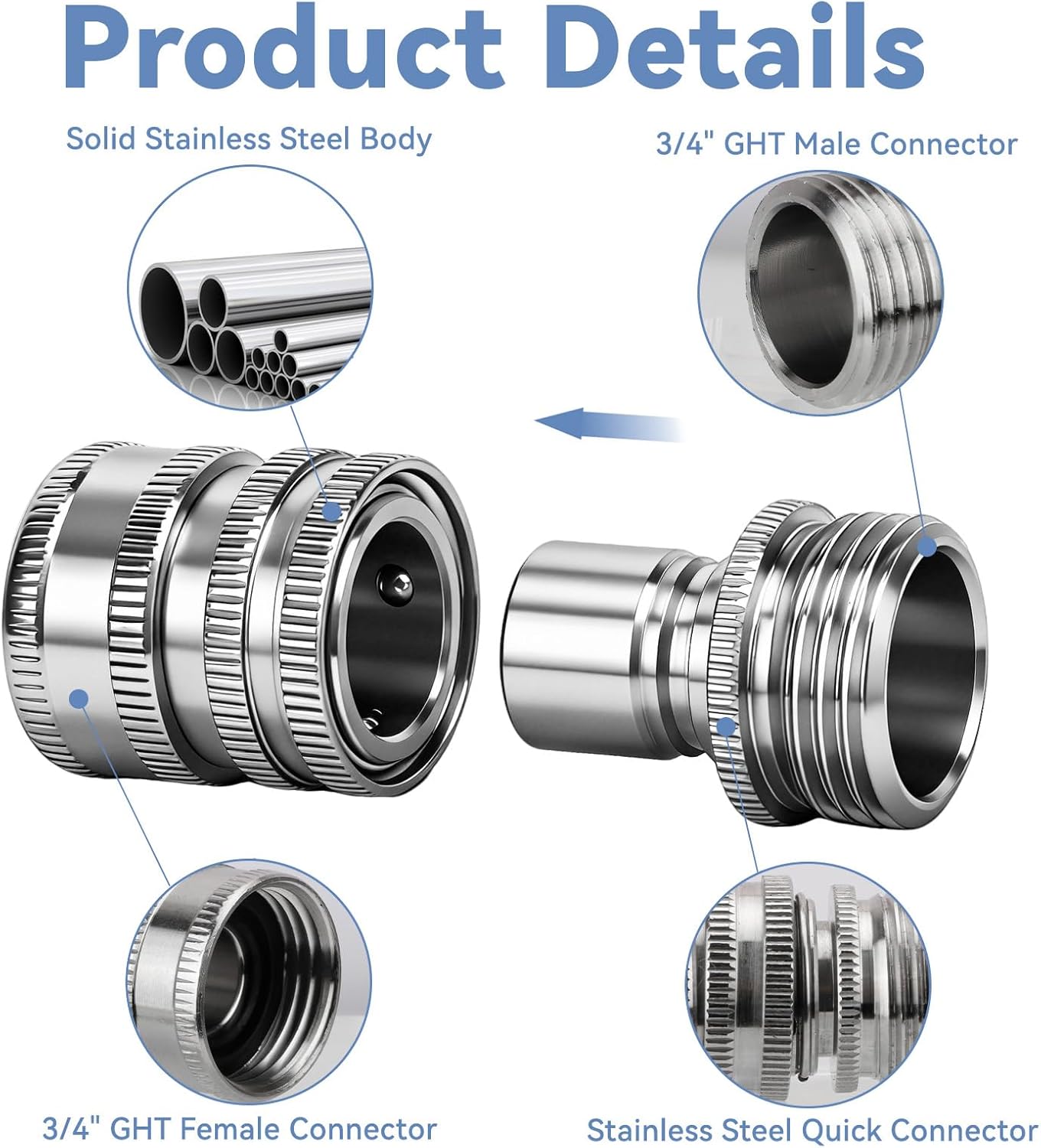 5 Pack 2026 New Stainless Steel Garden Hose Quick Connect Fittings, Quick Release Connect Fitting sets, 1/2 to 3/4 Inch GHT Garden Hose Adapter, Heavy Duty Water Hose Connector for Hoses and Sprayers