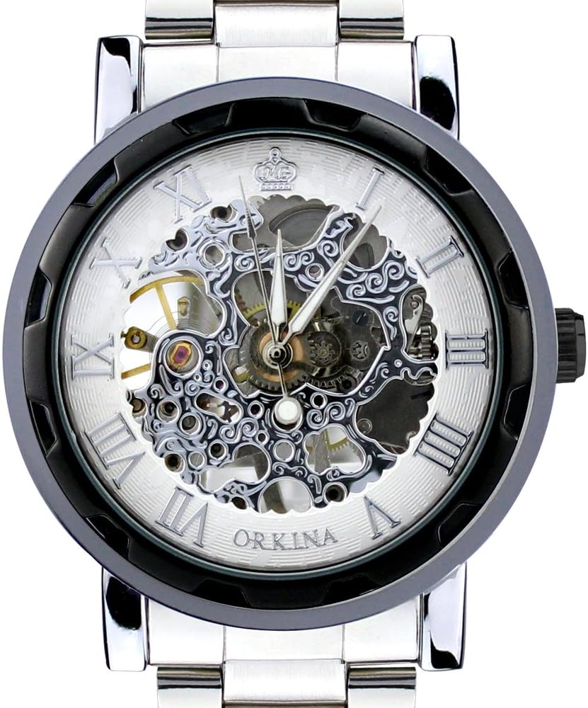 ORKINAMens Classical Black Bazel White Tourbillon Hand-Wind Dial Stainless Steel Wrist Watch