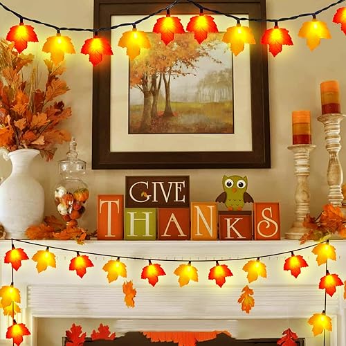 Miniatura 6 de Abeja Luces de hoja de arce de otoño, tira de luces LED de 8.5 pies con 10 hojas 3D naranja amarilla, luces de otoño para interiores y exteriores,