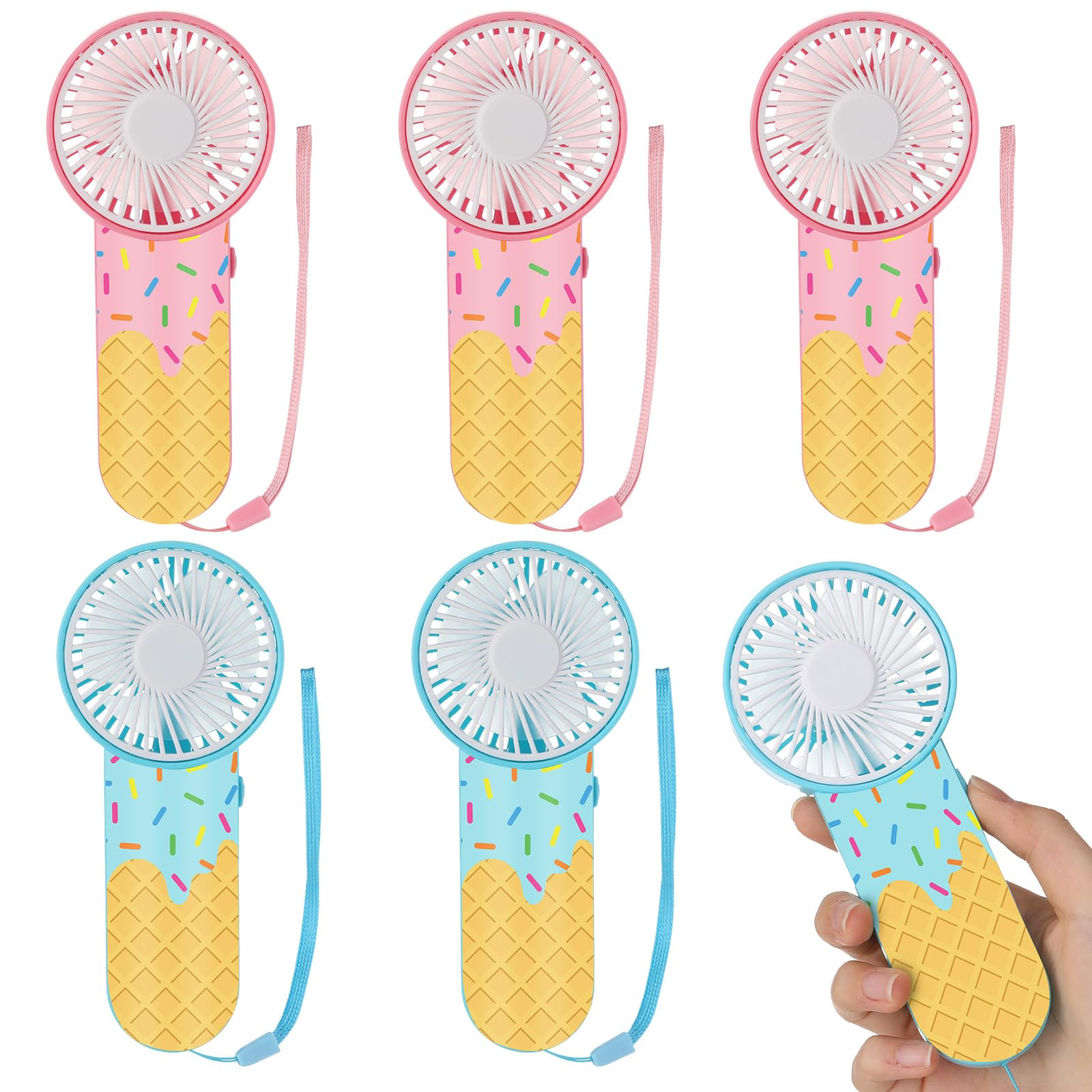 VIHOSE 6 Pcs Mini Portable Baseball Ice Cream Drip Fan Bulk Small Personal Handheld Fan with Lanyard for Team Gift Game Outdoor Sport Party Women Men Office Travel, Battery Not Include (Pink & Blue)