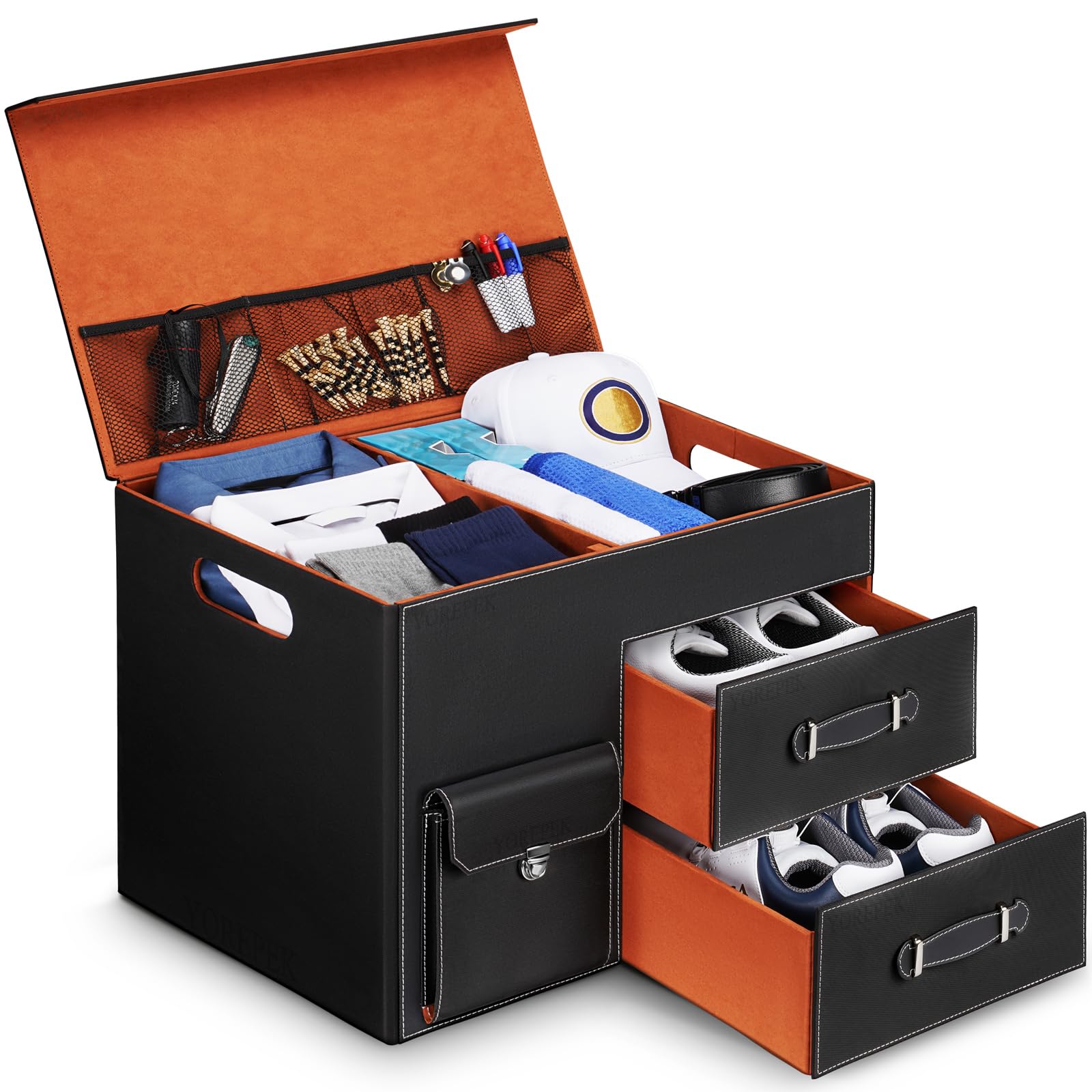 YOREPEK Premium Golf Trunk Organizer, Golf Gifts for Men Golfers, Large Capacity Car Storage Box with 2 Drawers for Shoes, Waterproof Car Trunk Locker