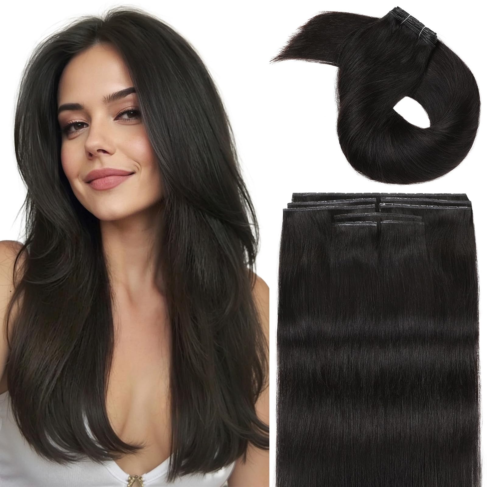 FAVE 100g Echthaar Extensions 45cm, 8-teilig, Butterfly Weft | Schwarz Natur, 100% Remy Echthaar, PU Skin Basis, Mikroperlen, Doppel-Tabs, Kleberfrei, Wiederverwendbar für Alltag, Hochzeit