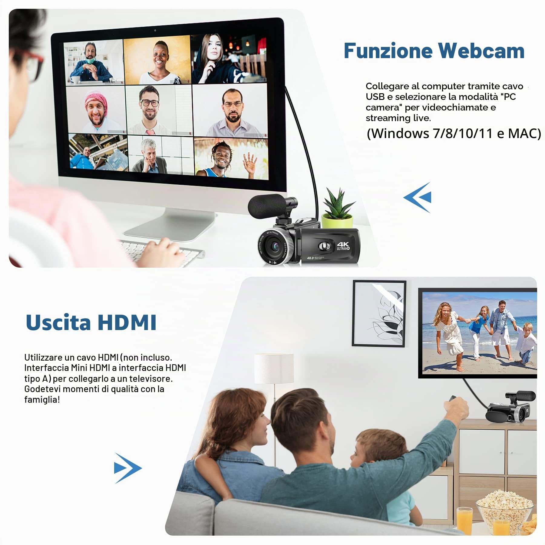 Videocamera 4K 48MP 60fps, zoom digitale 18x, schermo IPS girevole 360°, ideale per YouTube, vlogging e FHD 1080p, incl. telecomando, 2 batterie