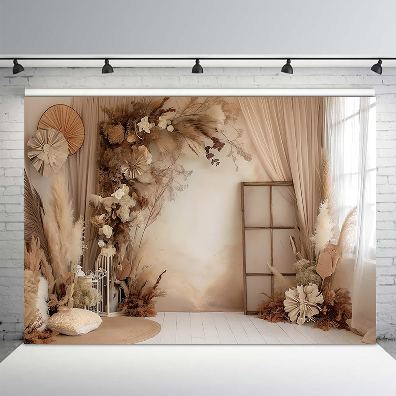 APROPHIC Tło fotograficzne w stylu boho, 2,1 x 1,5 m, tło retro z trawą pampasową, tło fotograficzne, nadaje się na wesela, urodziny, ściany fotograficzne, tła portretowe, tło fotograficzne, brązowe