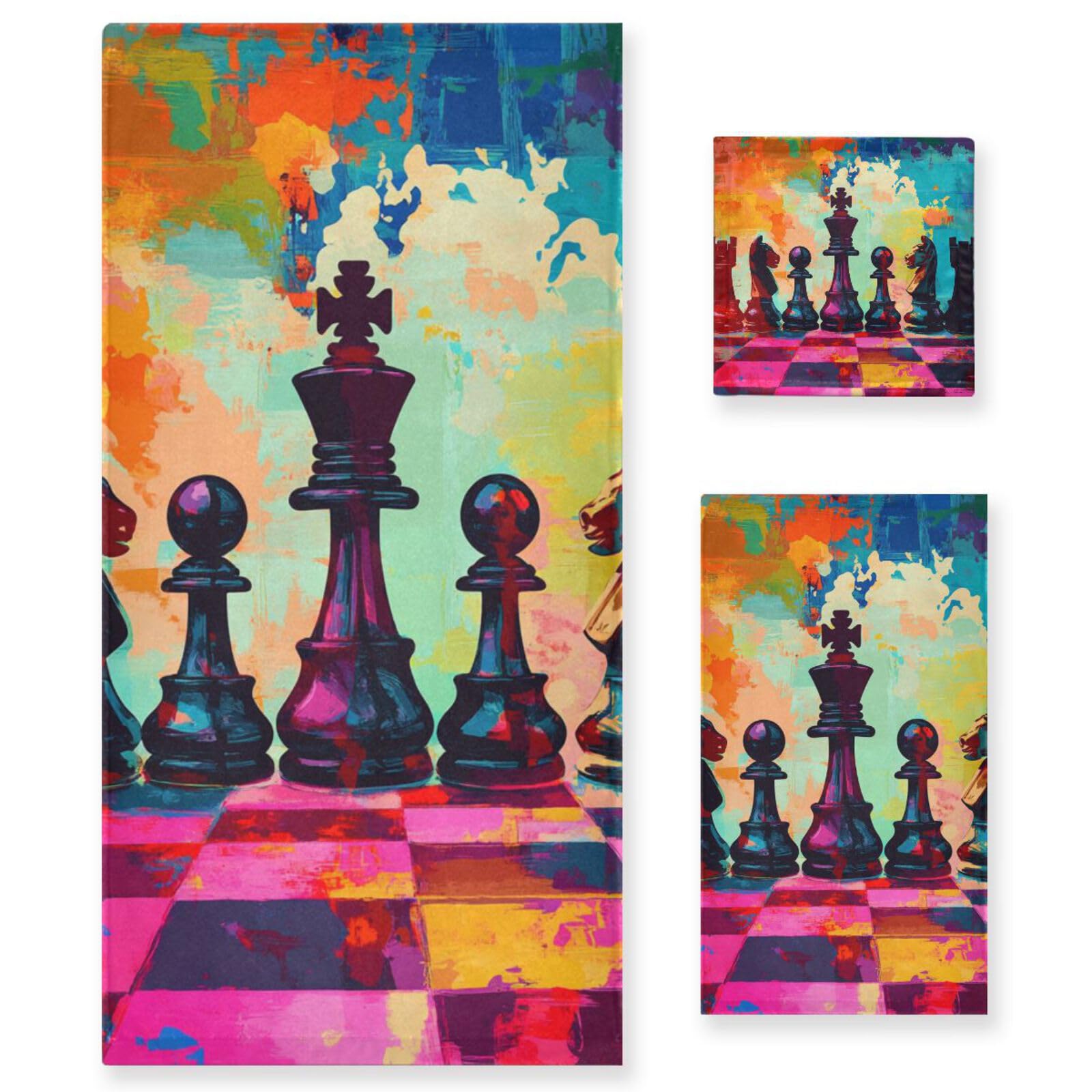 Schach-Set, saugfähig, 3-teilig, 1 Badetuch, 1 Handtuch, 1 Waschlappen für Körper, Gesicht, Badezimmer